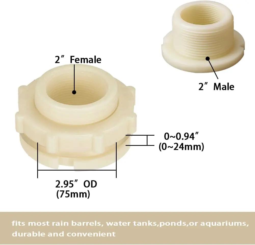 2" Female ABS Bulkhead Fitting, Plastic Water Tank Connector Adapter Fitting with Plugs for Outdoor rain Barrel Garden Hose Adapter Spigot kit Water Tank Gallon Drain Bucket(Set of 2) by GreenHaven Gardens