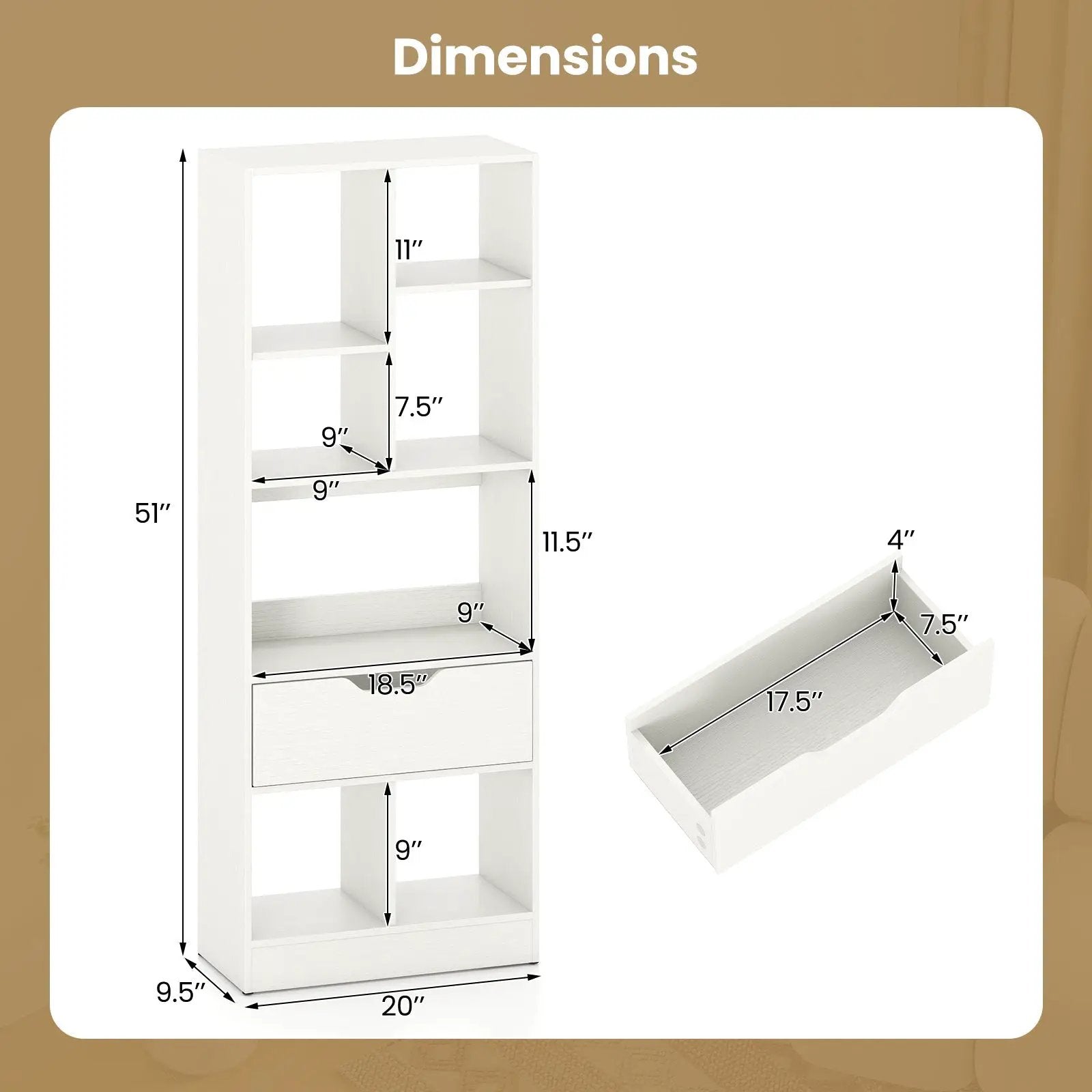 51inch Tall Freestanding Bookcase with Drawer 7-Cube Storage Organizer by DirectDeals
