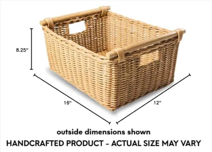 The Basket Lady Pole Handle Wicker Storage Basket, Medium, 16 in L x 12 in W x 8.25 in H, Sandstone by GreenHaven Gardens