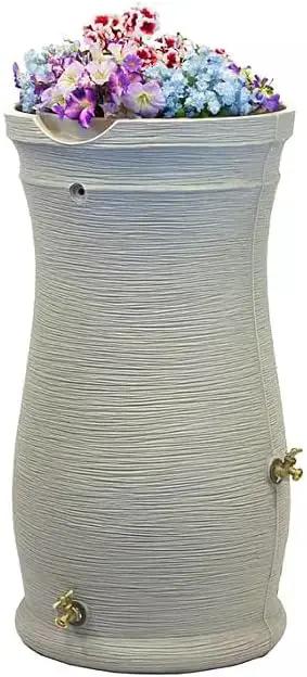 Stylish Impressions Capri Rain Saver, 50 Gallon, Sturdy Rain Barrel with Planter, Ribbed Design, Gray, with Dual Brass Spigots. by GreenHaven Gardens