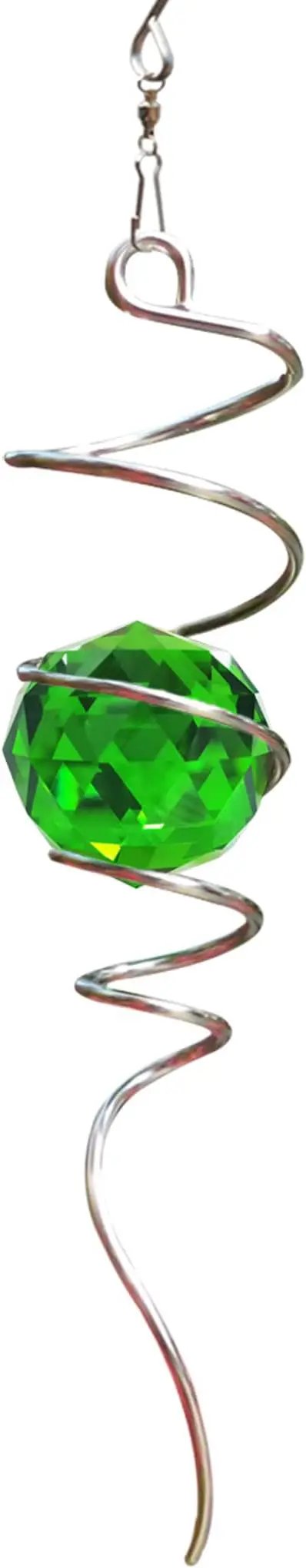 Fonmy Gazing Ball Spiral Tail -Decorative Wind Spinner Sun Catcher Rainbow Maker 11 inch Tail and 2 inch Green Crystal Orb. Indoor Outdoor Garden Decoration -13 inch Height by GreenHaven Gardens