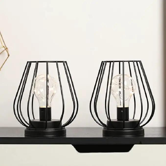 TRIROCKS Set of 2 Metal Battery Operated Lamp 7'' Tall Mini Cage Shape Cordless Table Lamp Battery Lanterns with Warm Fairy Lights Bulb for Patio Garden Wedding Parties Indoor Outdoor(Black) by GreenHaven Gardens