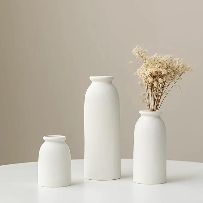 Ceramic Vase Set-3, Small Flower Vases for Decor, Modern Boho Farmhouse Style, Decorative Shelf Vases for Pampas Grass & Dried Flowers, Distressed Finish (White) by GreenHaven Gardens