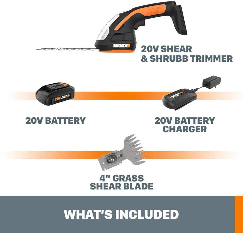 WORX WG801 20V 2 in 1 Cordless Hedge Trimmer, 4" Grass Shear & 8" Shrub Trimmer with 2 Blades, Battery & Charger Included by GreenHaven Gardens