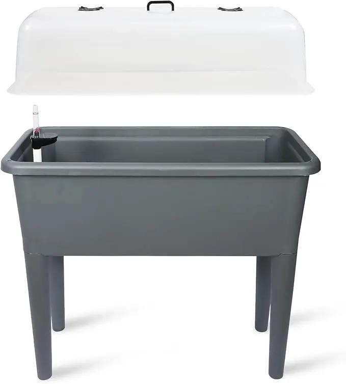 Dexceder 13.2 Gallon Self Watering Raised Garden Bed with Ventilation Transparent Lid Greenhouse, Deepen Vegetable Flower Box Planter Pot with Removeble Legs & Water Level Indicator (Deep Gray) by GreenHaven Gardens