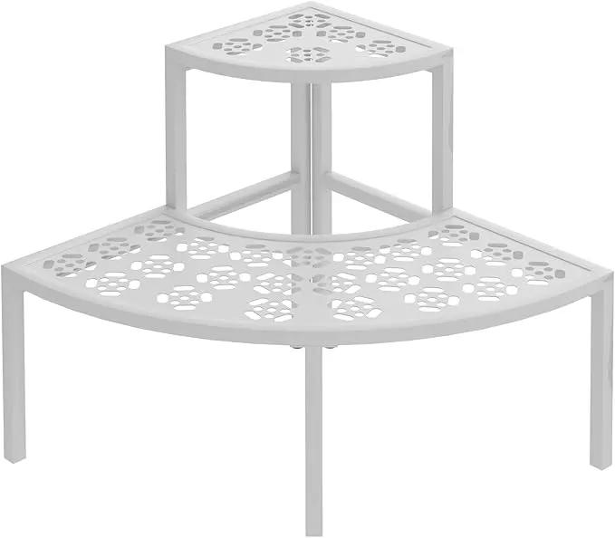 aboxoo 2 Tier Plant Stand Flower Pot Rack for Patio,Heavy Duty Metal Stair-Step Style Corner Shelf Planters, Quarter Round Display Holder for Indoor Outdoor Use(White, Semicircle)