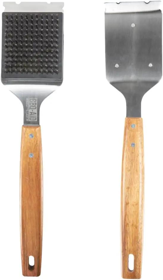 BBQ-Aid Grill Brush and Scraper for Barbecue – Grill Brush for Outdoor Grill with Extended, Large Wooden Handle and Replaceable Stainless Steel Bristles Head –No Scratch- BBQ Grill Brush for Any Grill by GreenHaven Gardens