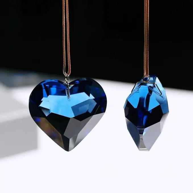 Blue Heart Crystal Suncatcher, 2pc 45mm Hanging Prism for Windows, Outdoor Indoor Decoration, Rainbow Maker Gifts for Mom, Grandma, Friend by GreenHaven Gardens