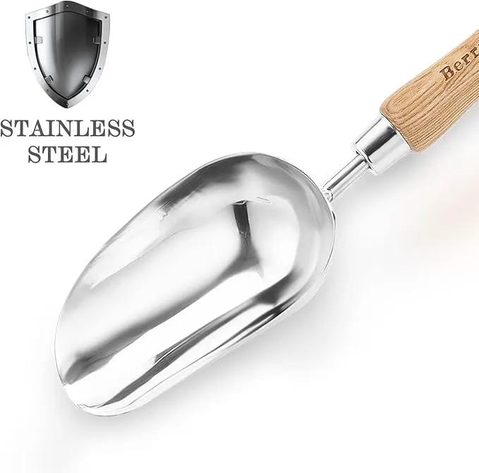 Berry&Bird Garden Loose Soil Scoop, Stainless Steel Hand Shovel Spade with Wood Handle Multi Function Gardening Trowel Spoons for Transplanting, Digging, Planting, Cultivation by GreenHaven Gardens