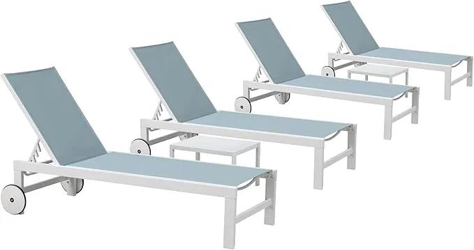 PURPLE LEAF Outdoor Chaise Lounge Set of 4 White Aluminum Lounge Chair Outdoor with Wheels Five-Position Adjustable Patio Lounge Chair for Pool Deck Yard, Steel Blue by GreenHaven Gardens
