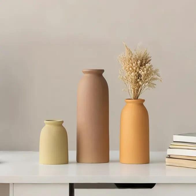 Ceramic Vase Set-3, Small Flower Vases for Decor, Modern Boho Farmhouse Style, Decorative Vases for Pampas Grass & Dried Flowers, Distressed Finish (Brown Mix) by GreenHaven Gardens