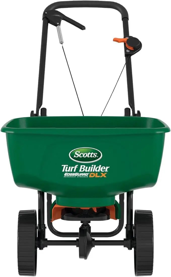 Scotts Turf Builder EdgeGuard DLX Broadcast Spreader for Seed, Fertilizer, Salt, Ice Melt, Holds up to 15,000 sq.ft. Product by GreenHaven Gardens