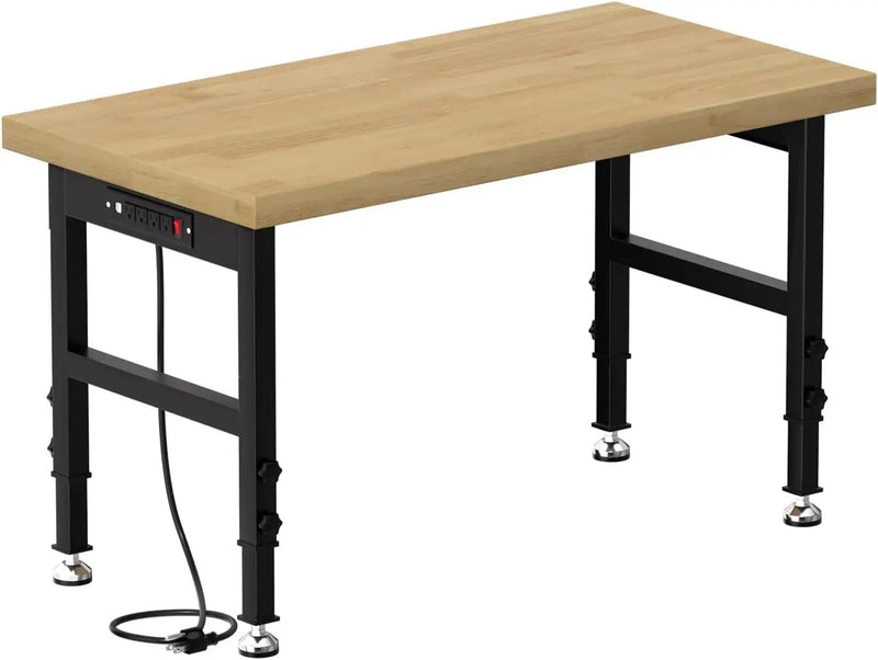 48" Work Bench, Adjustable Height Workbench with Rubber Pad, Heavy-Duty Solid Wood Work Table with Power Outlets, 2000 LBS Capacity Workstation for Garage, Workshop, Office, Home by GreenHaven Gardens