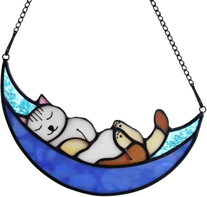 BOXCASA Sleeping Cat Stained Glass Windown Hanging,Cat on Moon Beautiful Handcrafted Sun Catcher Gifts for Daughter,Mothers Day,Christmas and Cat Lover by GreenHaven Gardens