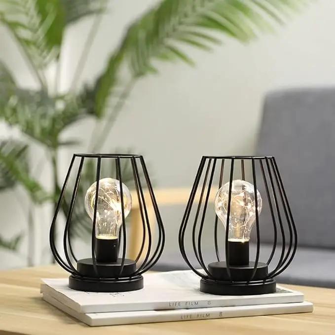 TRIROCKS Set of 2 Metal Battery Operated Lamp 7'' Tall Mini Cage Shape Cordless Table Lamp Battery Lanterns with Warm Fairy Lights Bulb for Patio Garden Wedding Parties Indoor Outdoor(Black) by GreenHaven Gardens