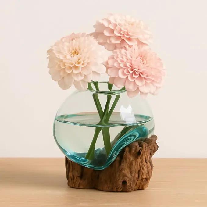 Cape Craftsmen 7" H Hand-Blown Blue Tinted Bubble Glass On Natural Teak Driftwood Terrarium | Home Décor Indoor Planter with Stand | Pot for Succulent and Plants by GreenHaven Gardens