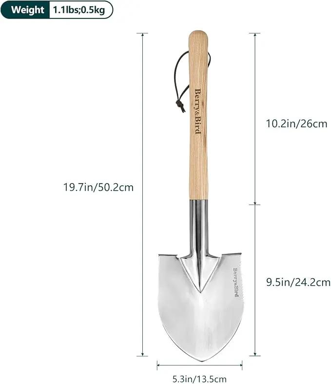 Berry&Bird Short Hand Shovel, 19.8’’ Digging Trowel for Gardening with Wood Handle Stainless Steel Round Point Spade Shovel with Serrated for Cutting, Transplanting & Weeding by GreenHaven Gardens