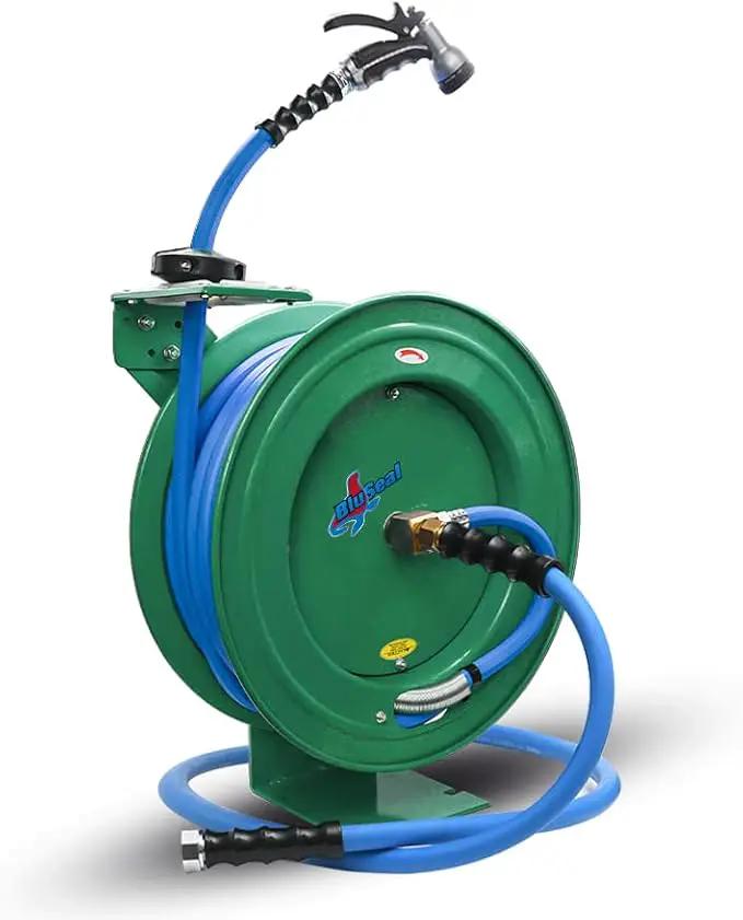 Auto Retractable Water Hose Reel with Hot & Cold Water Rubber Garden Hose, Spray Nozzle - Ultra Light, Super Strong with 6' Lead-in Hose (3/4” x 50’ Green) by GreenHaven Gardens