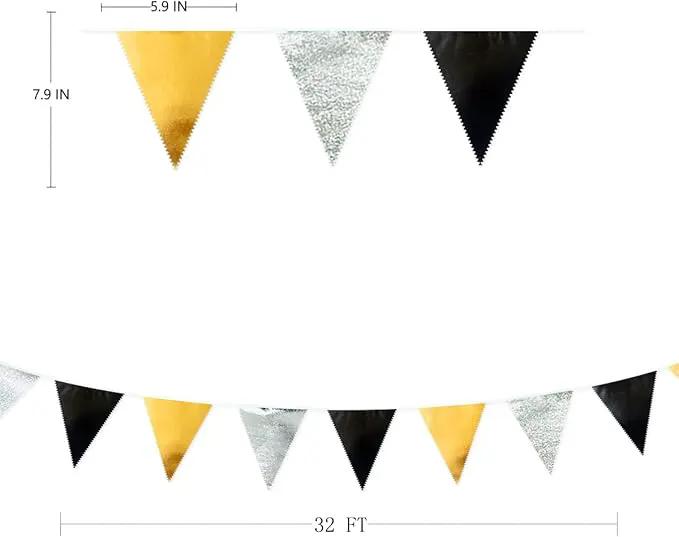 Black Gold Silver Party Decoration Triangle Pennant Banner Flag Metallic Fabric Bunting Garland for Birthday Graduation Anniversary Wedding Bridal Shower Bachelorette Engagement Disco Party Supplies by GreenHaven Gardens