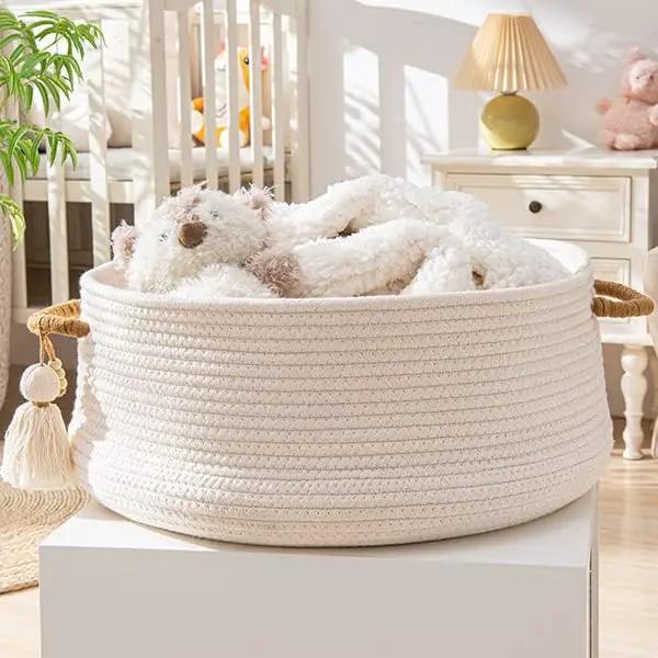 KAKAMAY Woven Baskets for Storage(16"x8"),Blanket Basket for Organizing Living Room,Cotton Rope Basket Woven Baby Laundry Hamper,Collapsible Laundry Room Organization,Clothes,Toy Chest(White) by GreenHaven Gardens