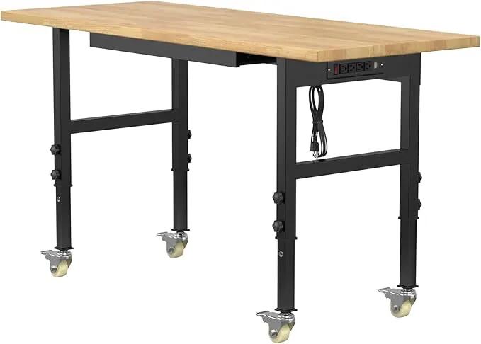 60" Adjustable Workbench,Heavy-Duty Work Table,3000 LBS Load Capacity Hardwood Workstation Outlets with Power Strips, Drawers and Wheels,for Workshop, Garage by GreenHaven Gardens