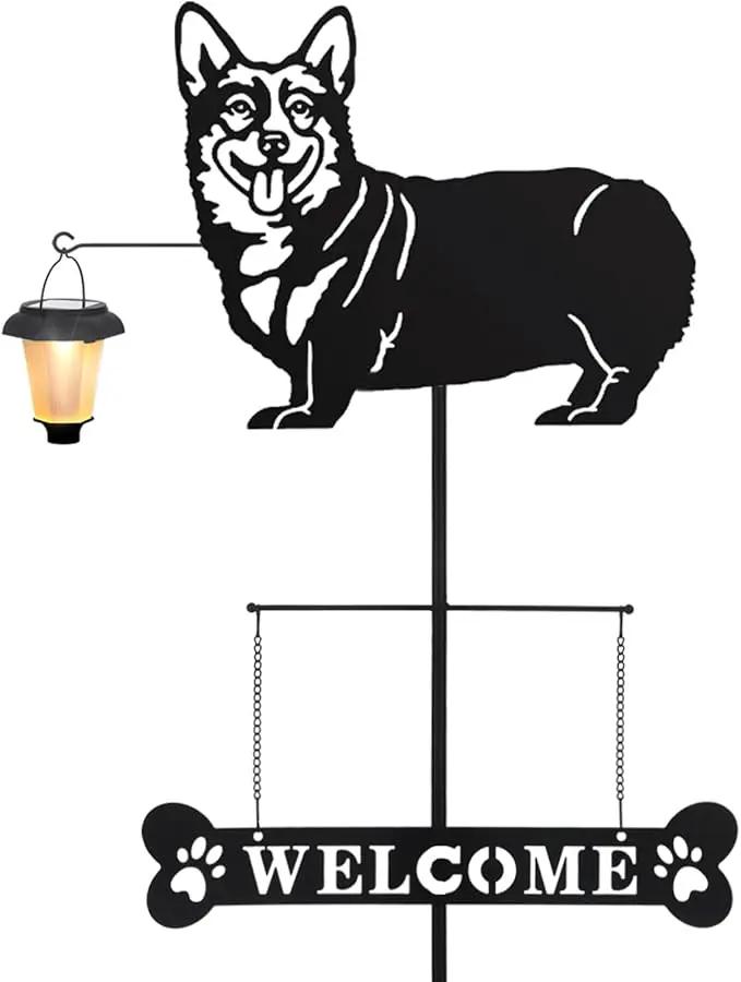BAYN Solar Corgi Silhouette Dog Breed Welcome Sign with a Lantern Outdoor Decorative Garden Stakes for Yard, Lawn, Patio, Pathway by GreenHaven Gardens
