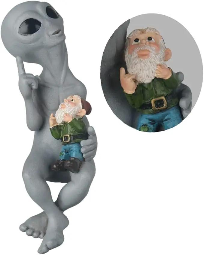 Andre' & Fritz Friendship “Origins” Alien and Gnome Garden Fence Sitter Statue | Poly-Resin 9" h x 3" w x 4" d Outdoor Décor (Origins - Fence Sitter) by GreenHaven Gardens