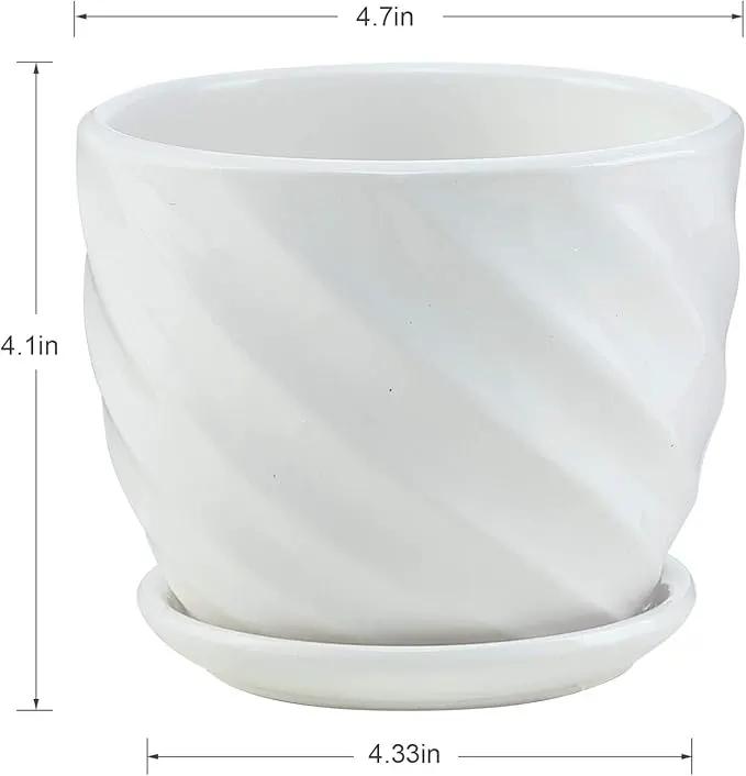 Plant Pots - 4.7 Inch Cylinder Ceramic Planters with Connected Saucer, Pots for Succuelnt and Little Snake Plants, Set of 4, White by GreenHaven Gardens