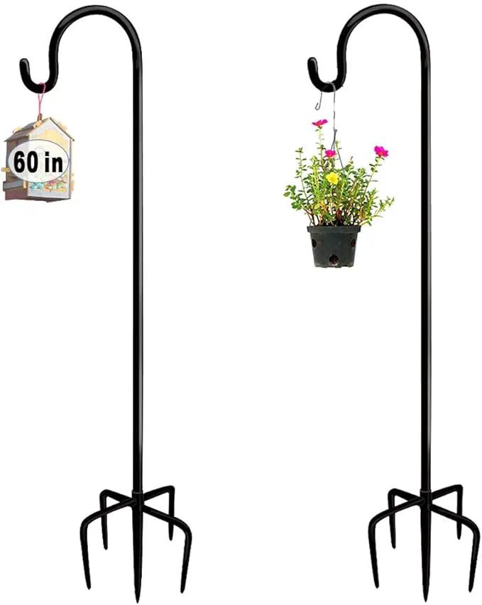 60 inch Outdoor Shepherd Hook with 5 Prong Base (2 Packs), Adjustable Heavy Duty Garden Hanging Stake for Bird Feeder Solar Light Plant Hanger Wedding Decor, Matte Black by GreenHaven Gardens