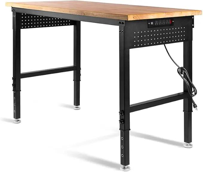 48" L×24”W Adjustable Workbench, 28”-40”Heights Heavy Duty Table 2000 LBS Load Capacity, Work Bench with Power Outlet & Pegboard, Rubber Wood Work Table for Garage, Office, Workshop, Home by GreenHaven Gardens