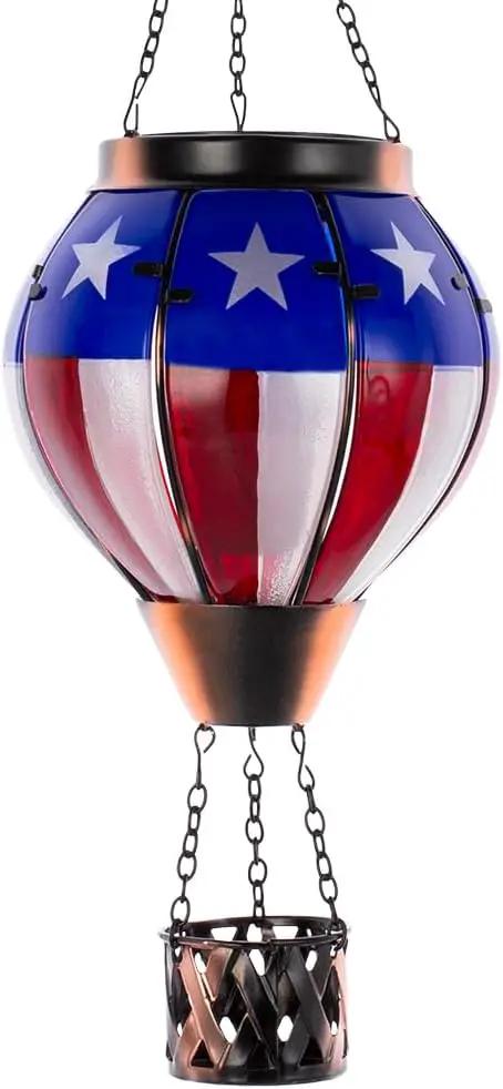 Hot Air Balloon Outdoor Lantern with Flickering Flame, Handmade Glass Solar Lantern with Flag Pattern Waterproof Lantern Lamp for Patio, Garden, Porch by GreenHaven Gardens