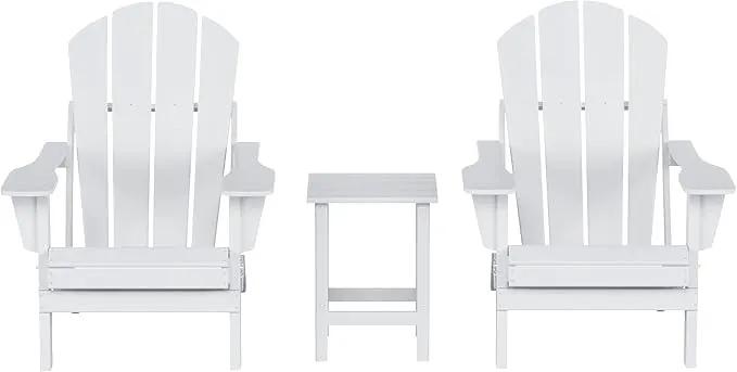 WO Home Furniture Adirondack Chairs Table Set of 3 PCS Outdoor Folding Chairs Side End Table Weather/UV Resistant for Lawn, Garden, Bon Fire, Balcony (White) by GreenHaven Gardens