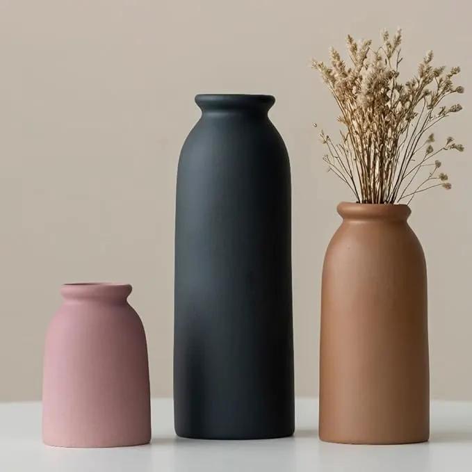 Ceramic Vase Set-3, Small Flower Vases for Decor, Modern Boho Farmhouse Style, Decorative Vases for Pampas Grass & Dried Flowers, Distressed Finish (Light Coffee) by GreenHaven Gardens
