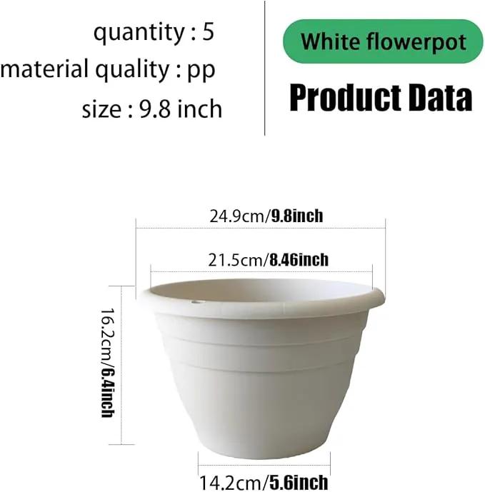 5-Pack 10 inch Garden Pots, Round Flower Pots with Drainage Holes, Thick Sturdy Traditional Plastic Planters Indoor and Outdoor(White) by GreenHaven Gardens