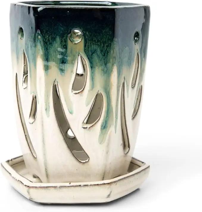 rePotme 4 x 6 inch Ceramic Orchid Pot (Evergreen Emerald Over Cream) - Hexagon Orchid Pot with Holes by GreenHaven Gardens
