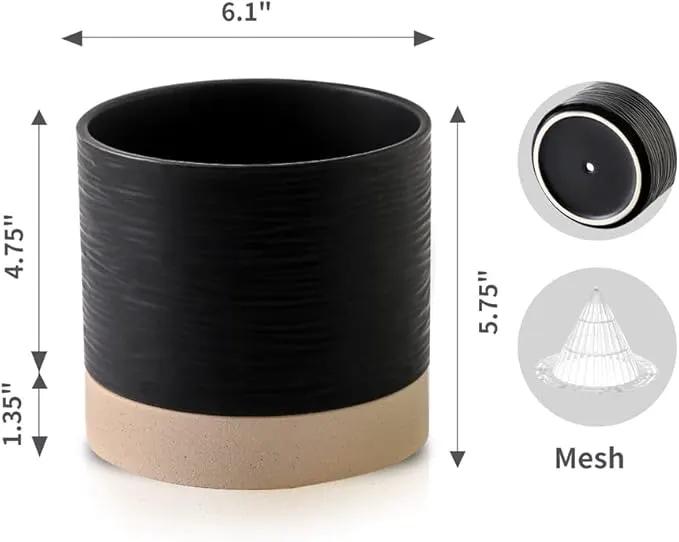 Nihow Ceramic Plant Pot: 6 Inch Planter with Drainage Hole & Saucer for Indoor & Outdoor Plants - Cylinder Round Flower Pot for Succulent/Herbs/Violets - Black & Brown by GreenHaven Gardens