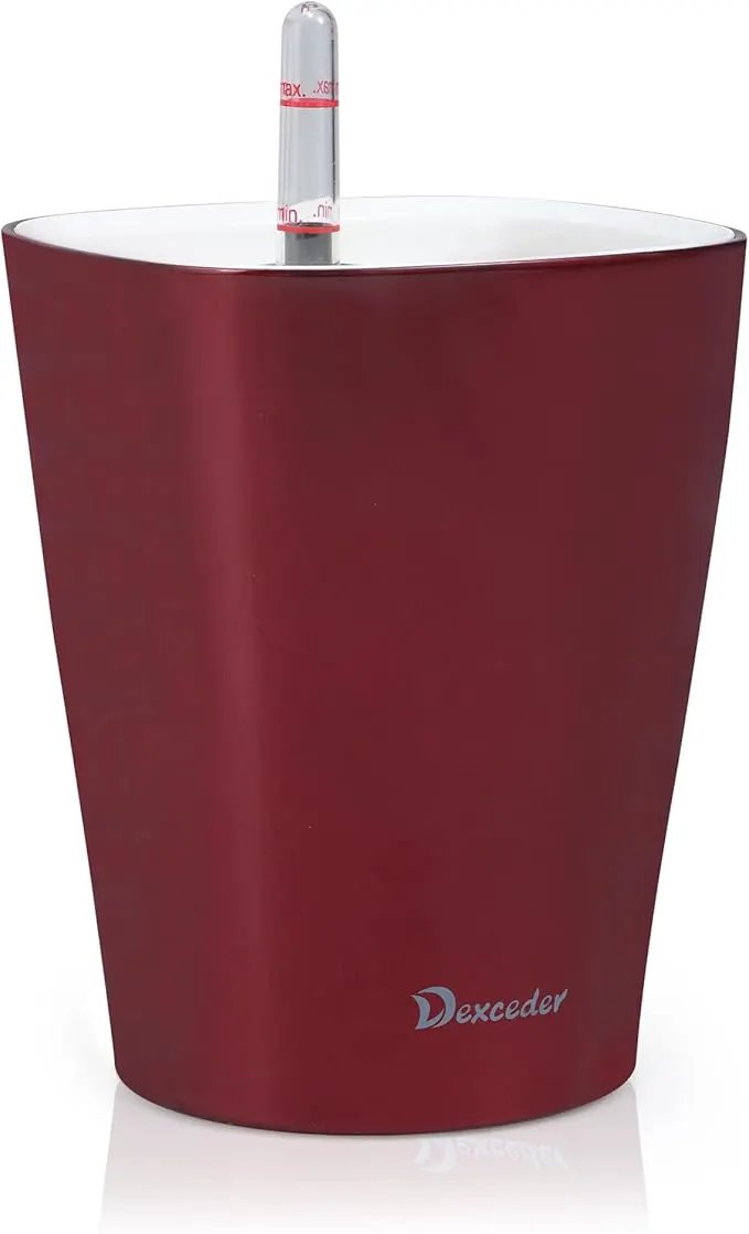 Dexceder 6x7 Self Watering Planter Indoor Outdoor, High Gloss Table Flower Plant Pot with Water Level Indicator (Wine Red) by GreenHaven Gardens