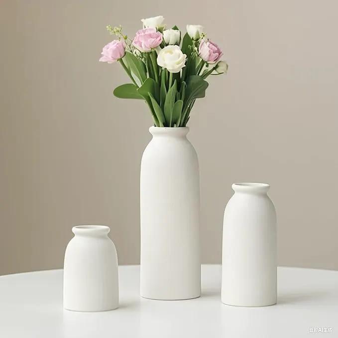 Ceramic Vase Set-3, Small Flower Vases for Decor, Modern Boho Farmhouse Style, Decorative Shelf Vases for Pampas Grass & Dried Flowers, Distressed Finish (White) by GreenHaven Gardens