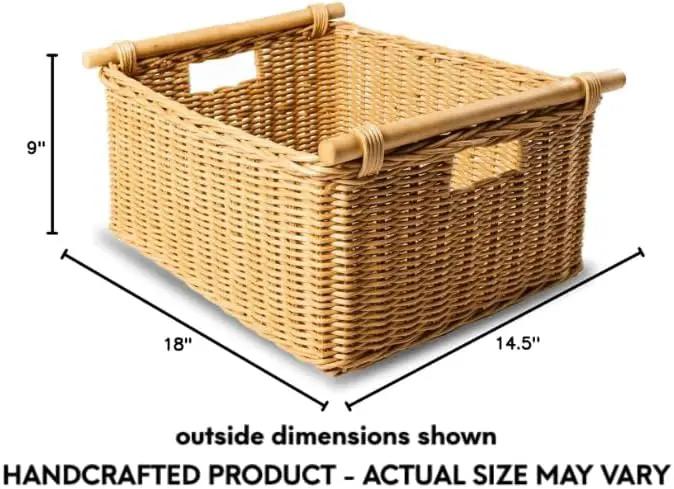 The Basket Lady Pole Handle Wicker Storage Basket, Large, 18 in L x 14.5 in W x 9 in H, Sandstone by GreenHaven Gardens