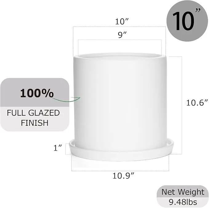 Plant Pots 10 Inch Ceramic Planter with Drainage Hole and Saucer, Matte White Modern Cylinder Planter Pot for Indoor Outdoor Plants Flowers, Full Glazed Finish by GreenHaven Gardens