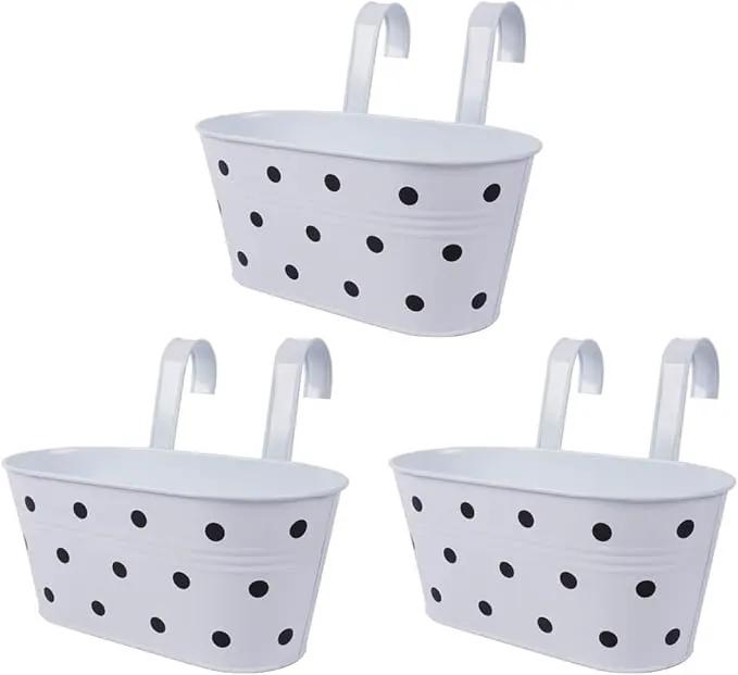 vensovo Metal Railing Planter for Outdoor Plants - 3 Pack Balcony Hanging Flower Pots with Detachable Hooks and Drain Holes Oval Bucket Rail Box Fence Planters for Home Garden Decor, White with Spot by GreenHaven Gardens
