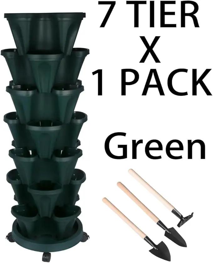 Vertical Planter 7 Tier Stackable Planters Garden Planters Strawberry Herb Flower and Vegetable Planter Indoor Outdoor Gardening Pots with Removable Wheels and Tools by GreenHaven Gardens