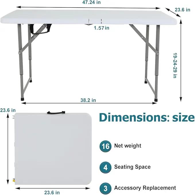 4FT Folding Table, Height Adjustable Table, Heavy Duty Plastic Tables Portable Fold-in-Half Utility Table w/Handle & Lock for Camping BBQ Party Banquet Wedding Market Events, 330LBS by GreenHaven Gardens