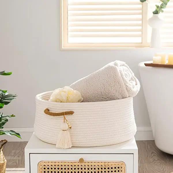 KAKAMAY Woven Baskets for Storage(16"x8"),Blanket Basket for Organizing Living Room,Cotton Rope Basket Woven Baby Laundry Hamper,Collapsible Laundry Room Organization,Clothes,Toy Chest(White) by GreenHaven Gardens