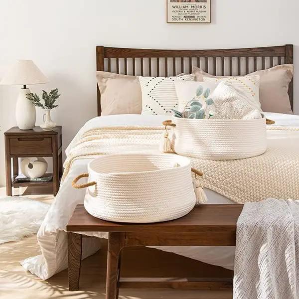 KAKAMAY Woven Baskets for Storage(16"x8"),Blanket Basket for Organizing Living Room,Cotton Rope Basket Woven Baby Laundry Hamper,Collapsible Laundry Room Organization,Clothes,Toy Chest(White) by GreenHaven Gardens