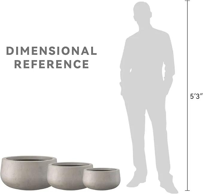 Kante 19.6",15.7",11.8" Dia Round Concrete Planters Set of 3, Outdoor Indoor Large Plant Pots with Drainage Hole, Modern Curvaceous Design, Weathered Concrete by GreenHaven Gardens