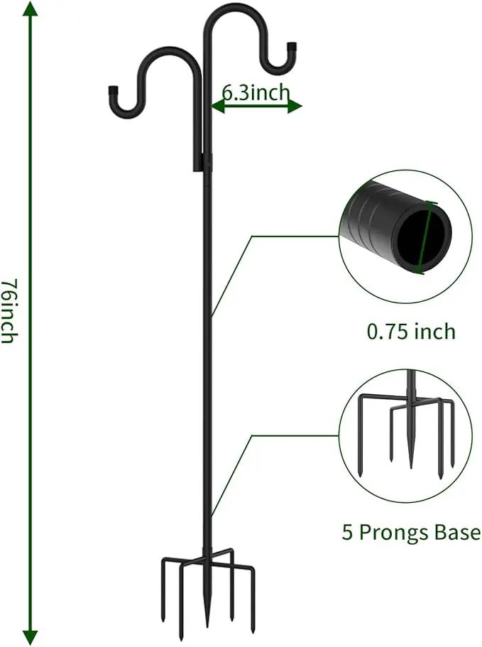 Double Shepherds Hooks for Outdoor, Bird Feeder Pole with 5 Prongs Base, Heavy Duty Garden Hook for Lantern, Wind Chime and Hummingbird Feeder, 76 Inch, 2 Pack by GreenHaven Gardens