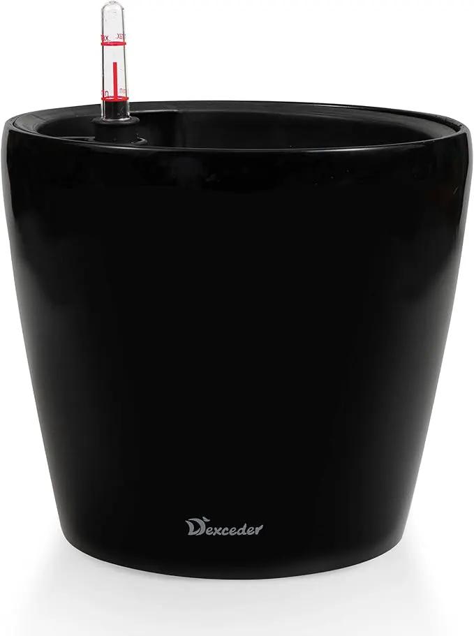 Dexceder 9x8 Inches High Gloss Self Watering Planter Indoor Outdoor, Inner Pot Design, Thickened Table Flower Plant Pot with Water Level Indicator (Black) by GreenHaven Gardens