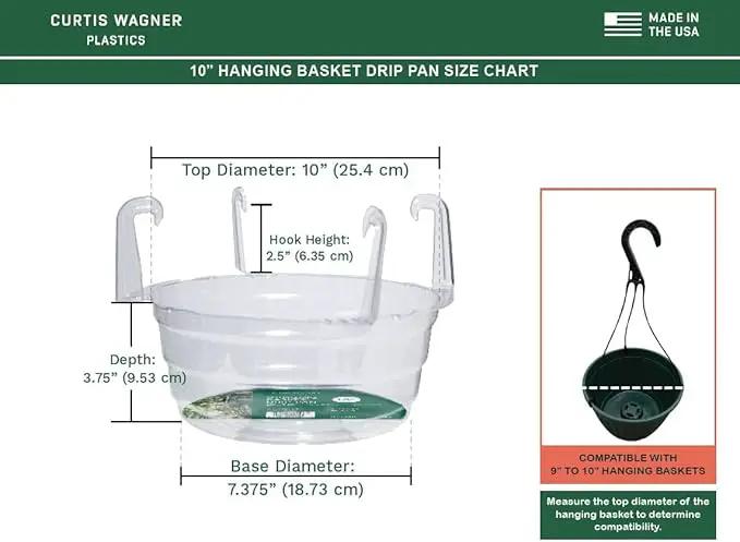 Curtis Wagner Plastics Hanging Basket Drip Pans (5-Pack) | Clear, Round (Diameter = 7.37" Base, 10" Top, 3.7" Depth) Hanging Plant Tray Saucer with Built-in Hooks & Water Catcher for Indoor & Outdoor by GreenHaven Gardens