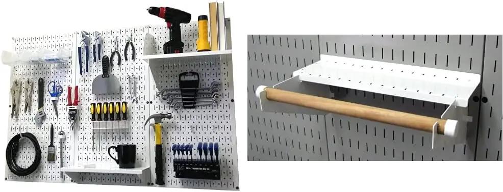 Wall Control Pegboard Organizer 4 ft. Metal Pegboard Standard Tool Storage Kit & Pegboard Paper Towel Holder and Dowel Rod Pegboard Shelf Assembly for Pegboard and Slotted Tool Board – White by GreenHaven Gardens